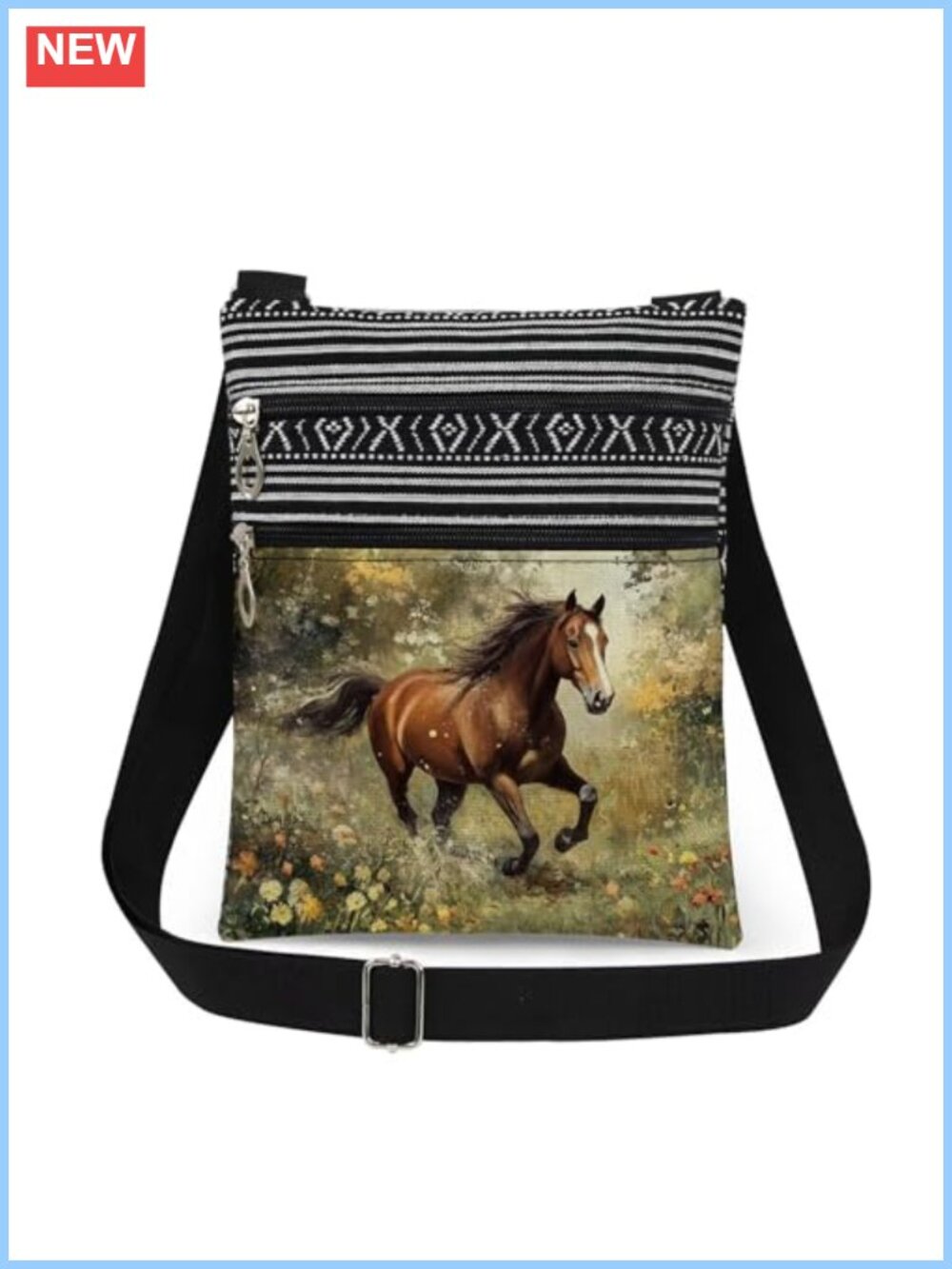Polyester Crossbody Bag Horse Print Floral Adjustable Strap Travel Purse